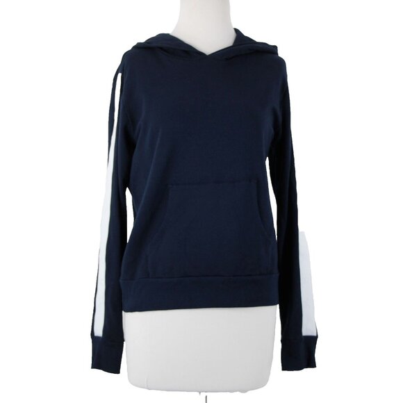Monrow Sz S Navy White Stripe Embossed Stars Sleeve Cotton Blend Hooded Sweater - Picture 2 of 16